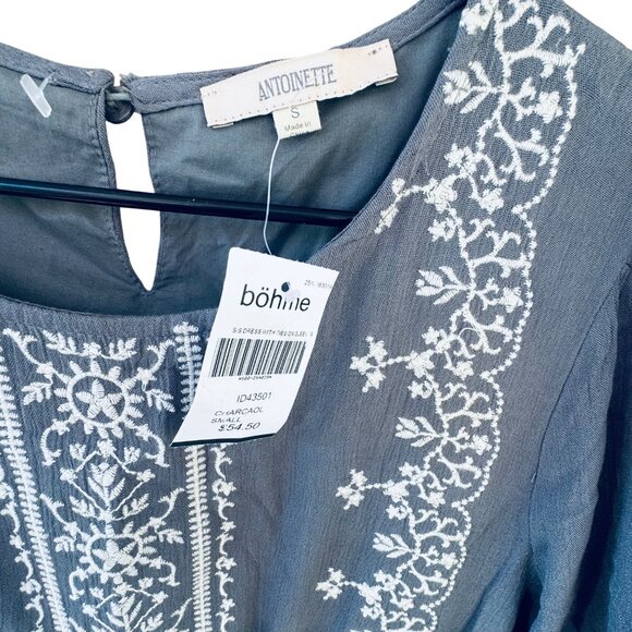 Antoinette By Bohme Embroidered Boho Dress Small  Gray 100 % Rayon - Picture 3 of 10